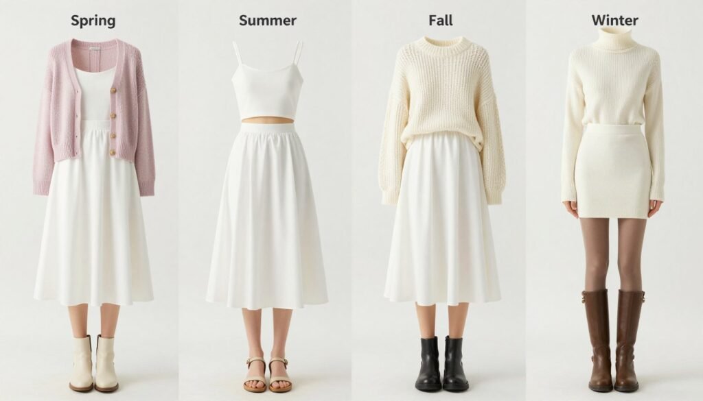 Four seasonal white midi skirt outfits showing how to style for spring, summer, fall and winter