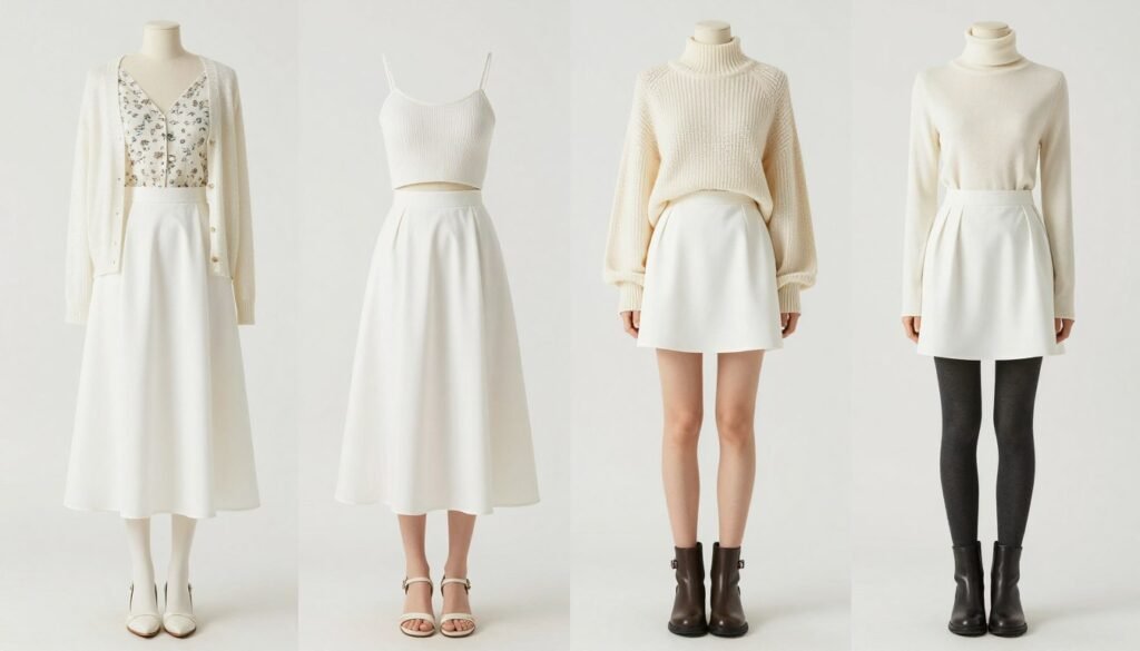 Four seasonal white skirt outfits displayed side by side showing spring, summer, fall, and winter styling approaches