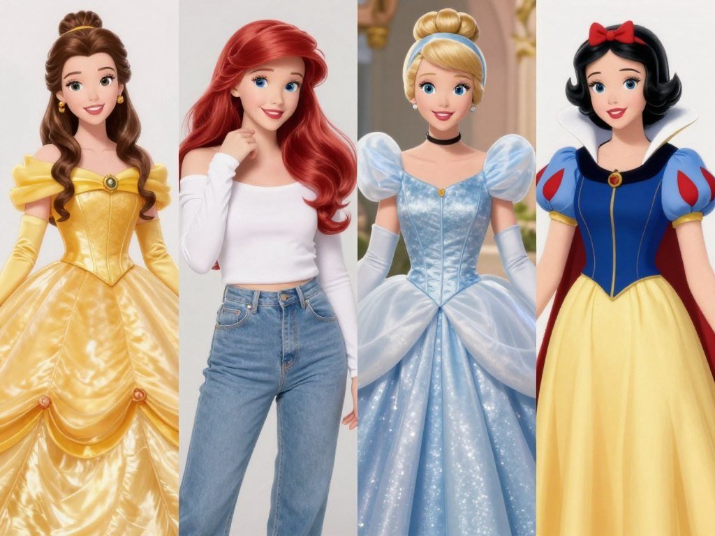 Four women Disneybounding as different Disney princesses using everyday clothing