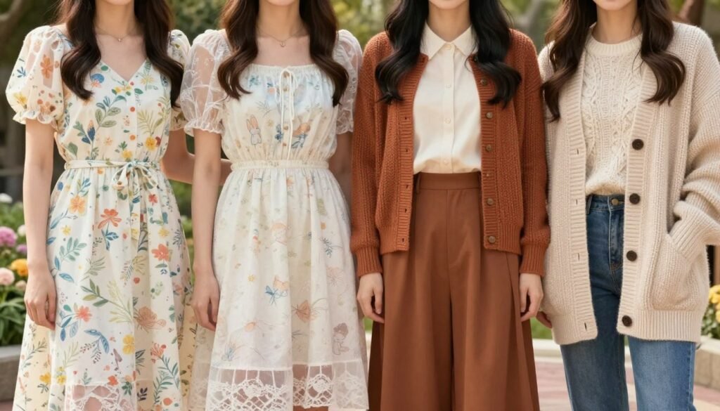 Four women showing Disney outfits for different seasons - spring, summer, fall, and winter