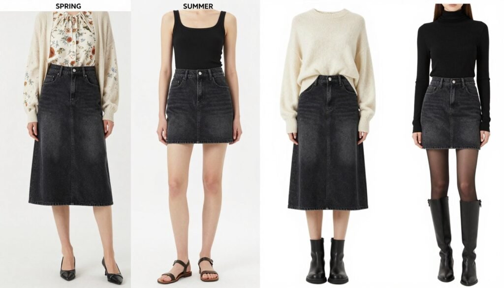 Four women wearing black denim skirts styled differently for each season - spring, summer, fall, and winter