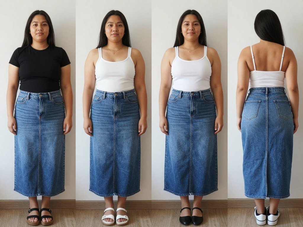 Four women with different body types wearing long denim skirts styled to flatter their figures