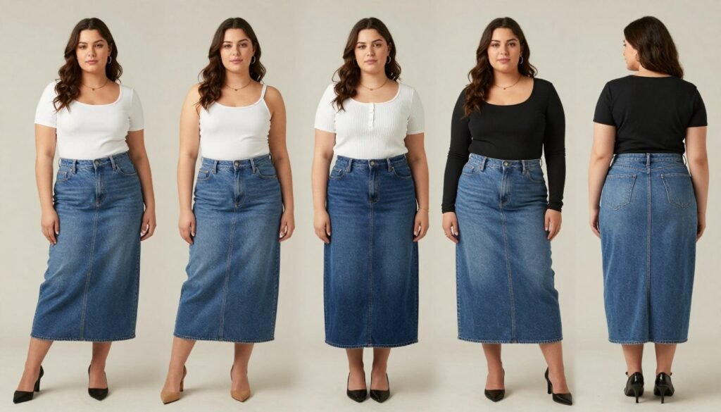Four women with different body types wearing long jean skirts styled to flatter their specific silhouettes