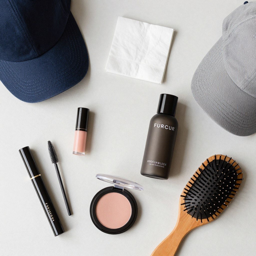 Game day beauty essentials including tinted lip balm, blotting papers, and facial mist