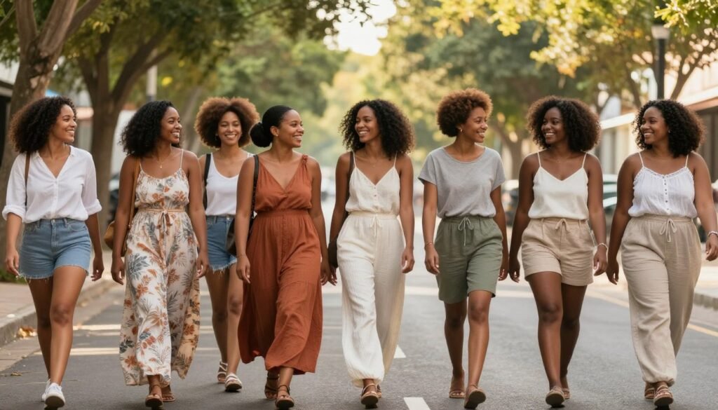 Group of Black women in various stylish casual summer outfits walking together