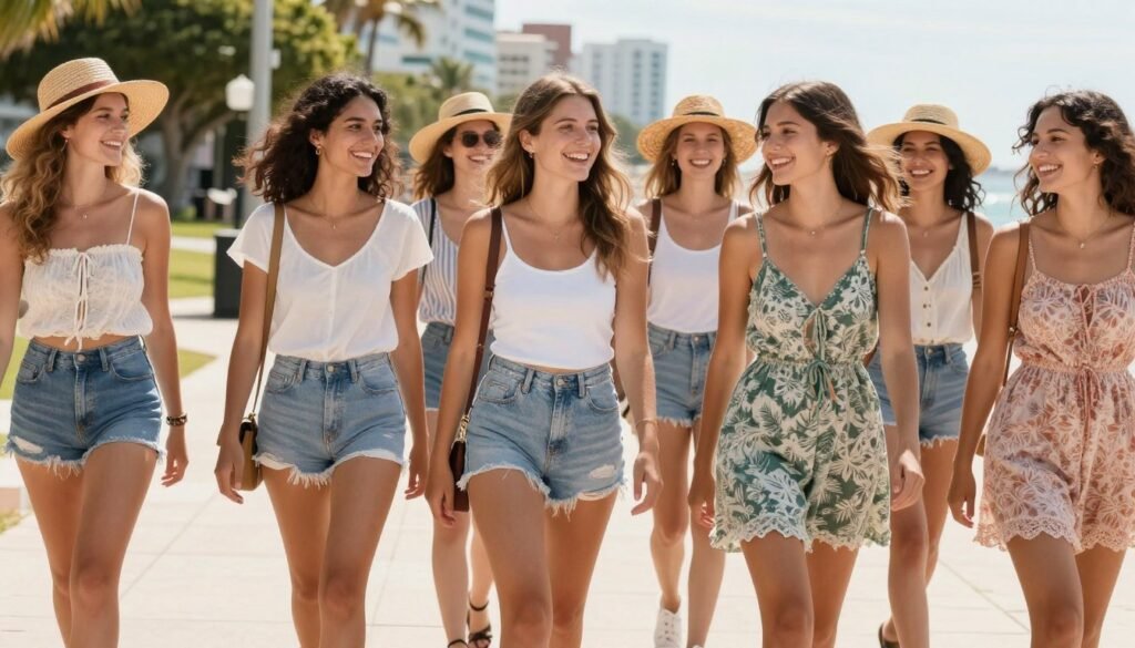 Group of diverse women in various summer outfits aesthetics enjoying a sunny day together
