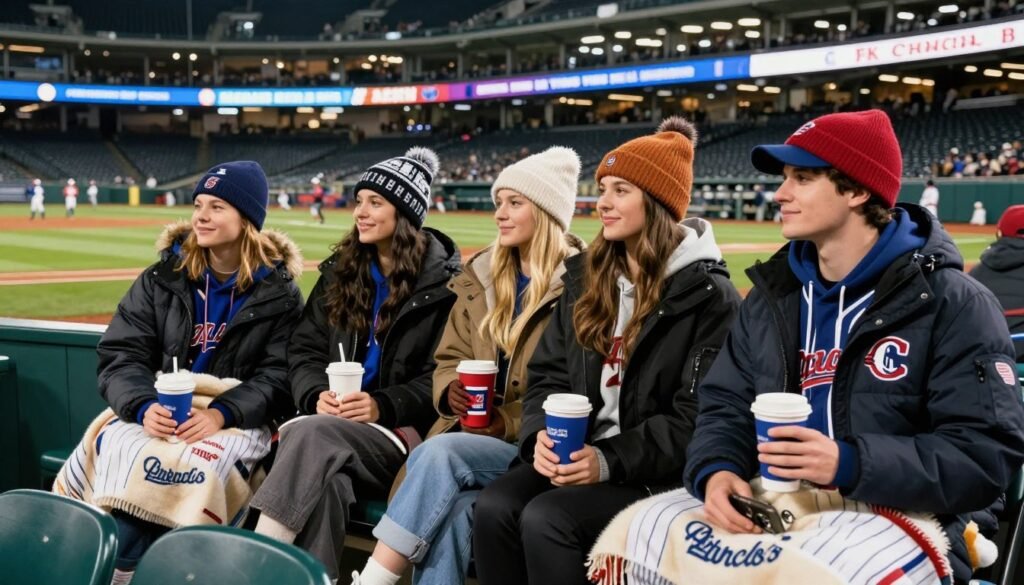 Group of friends enjoying baseball game in stylish cold weather outfits