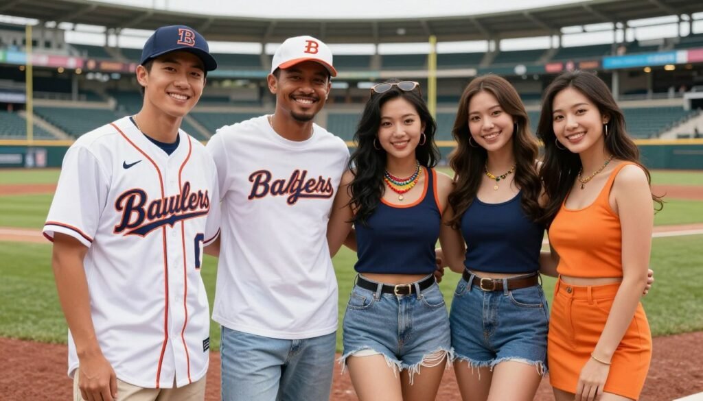 Group of friends in coordinated team colors but different casual baseball game outfits
