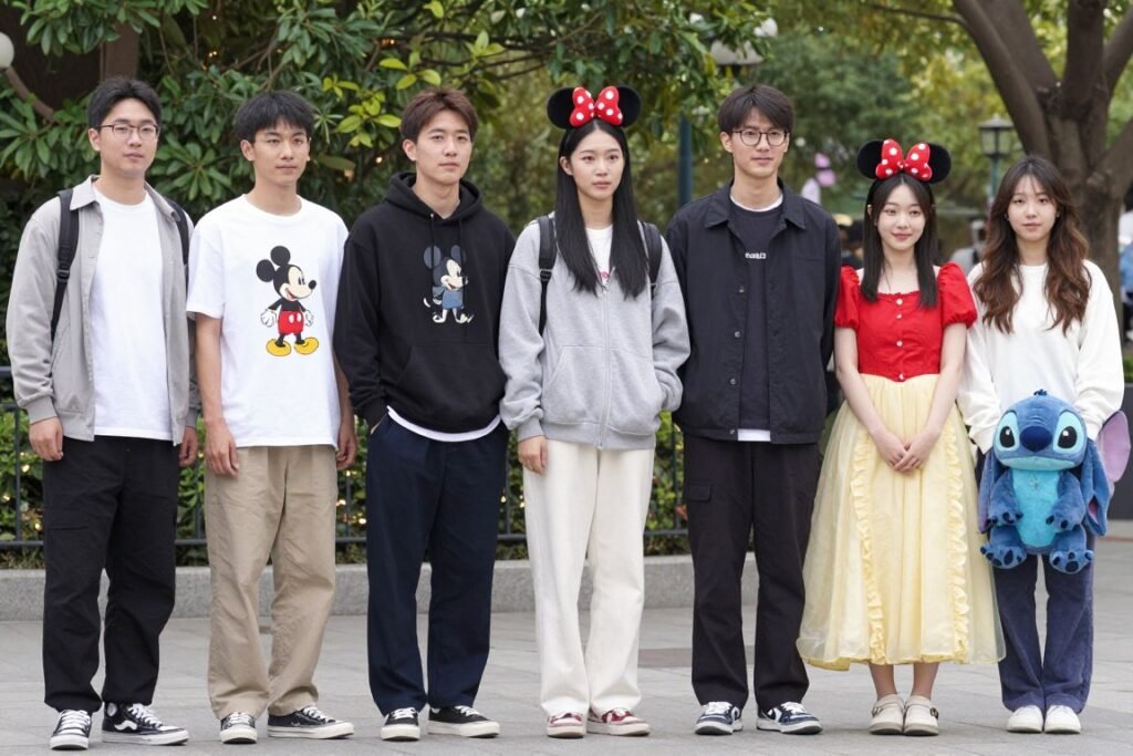 Group of friends in subtle Disney character-inspired outfits at a park