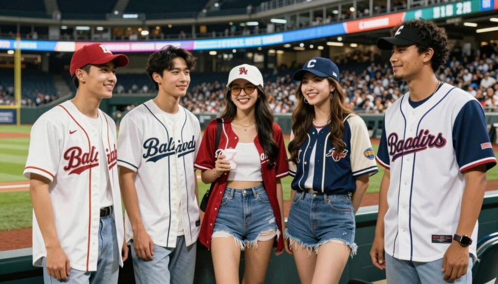 Group of friends in various stylish baseball game outfits enjoying a game together