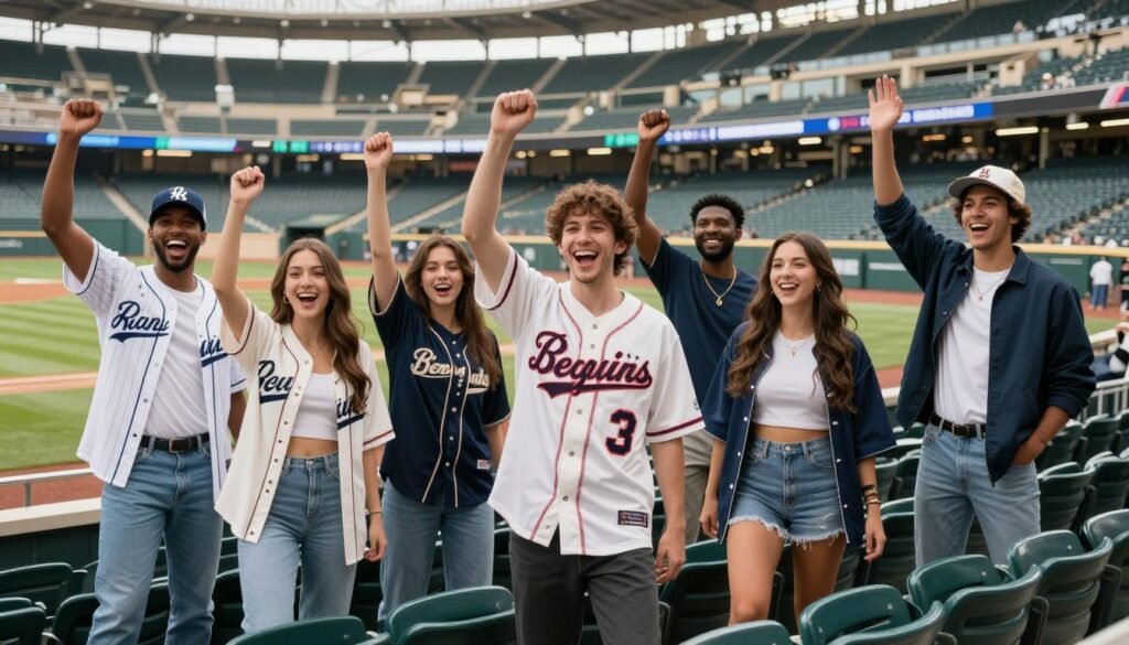 Group of friends in various stylish baseball game outfits enjoying a game together