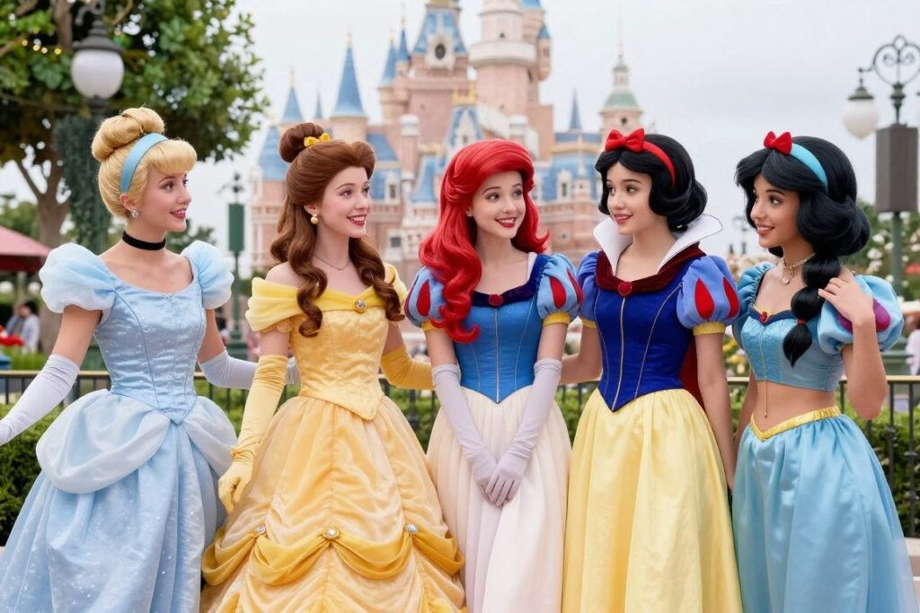 Group of friends wearing coordinated Disney princess inspired outfits