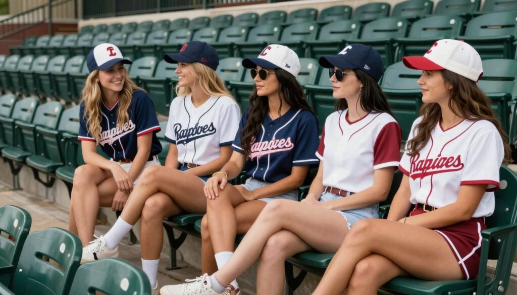 Group of women friends in coordinated baseball game outfits enjoying a summer game