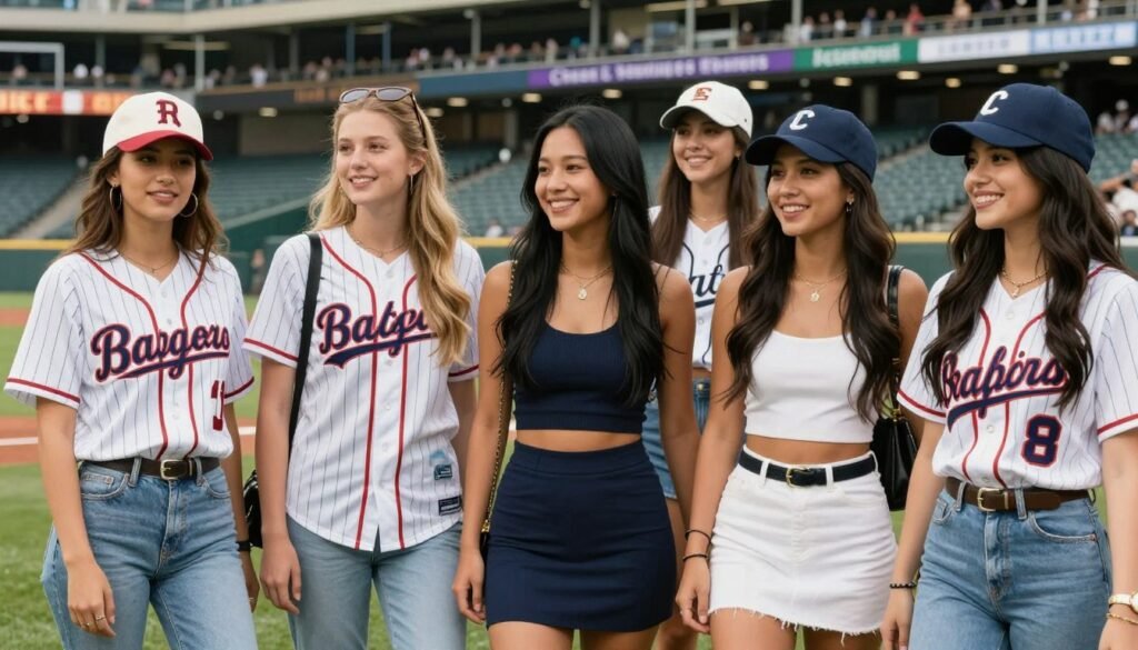 Group of women in various stylish baseball game outfits enjoying a game together