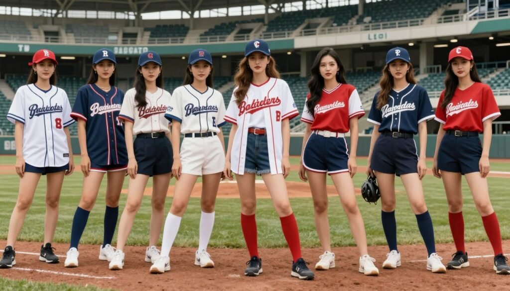 Group of women wearing various stylish cute baseball game outfits at a stadium