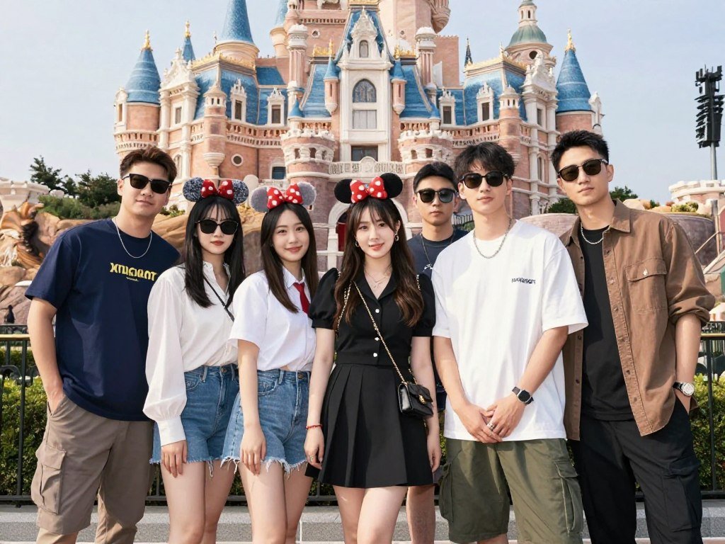 Group photo of friends in coordinated Disney outfits posing in front of castle