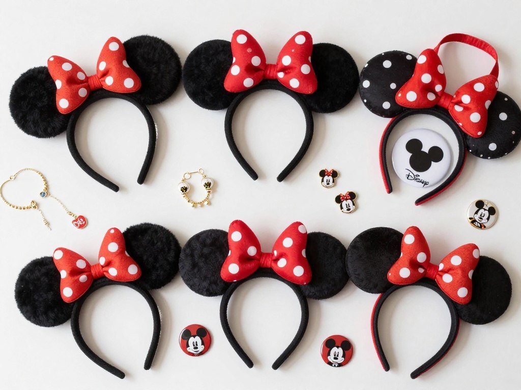 Handmade custom Disney ears and accessories displayed on a table