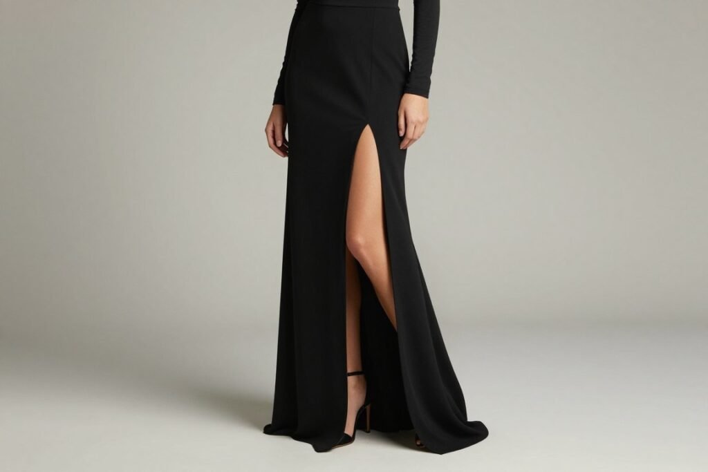 High-slit long black skirt outfit creating a dramatic elegant look