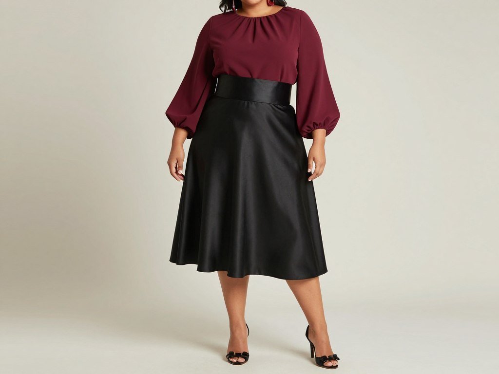 High-waisted black satin skirt styled for apple-shaped figure with flowy burgundy blouse