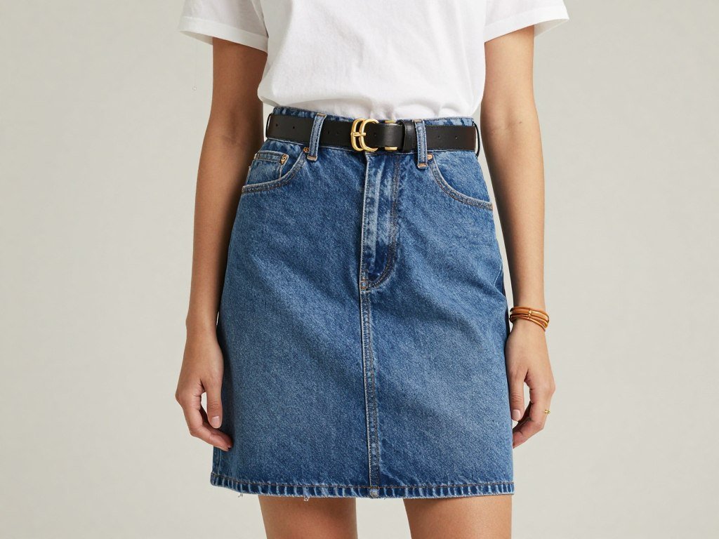 High-waisted denim skirt styled with a white t-shirt, statement belt with unique hardware, simple sandals, and minimal jewelry for a focused summer jean skirt outfit