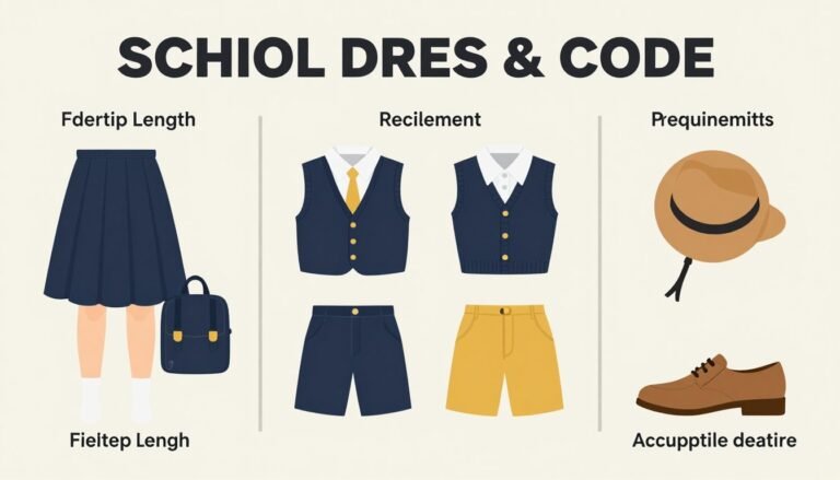 Infographic showing common school dress code requirements including appropriate length guidelines for skirts and shorts