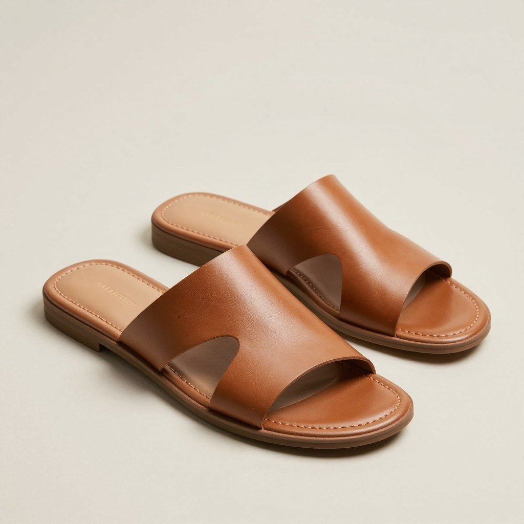 Leather slide sandals in tan with minimal design against a neutral background