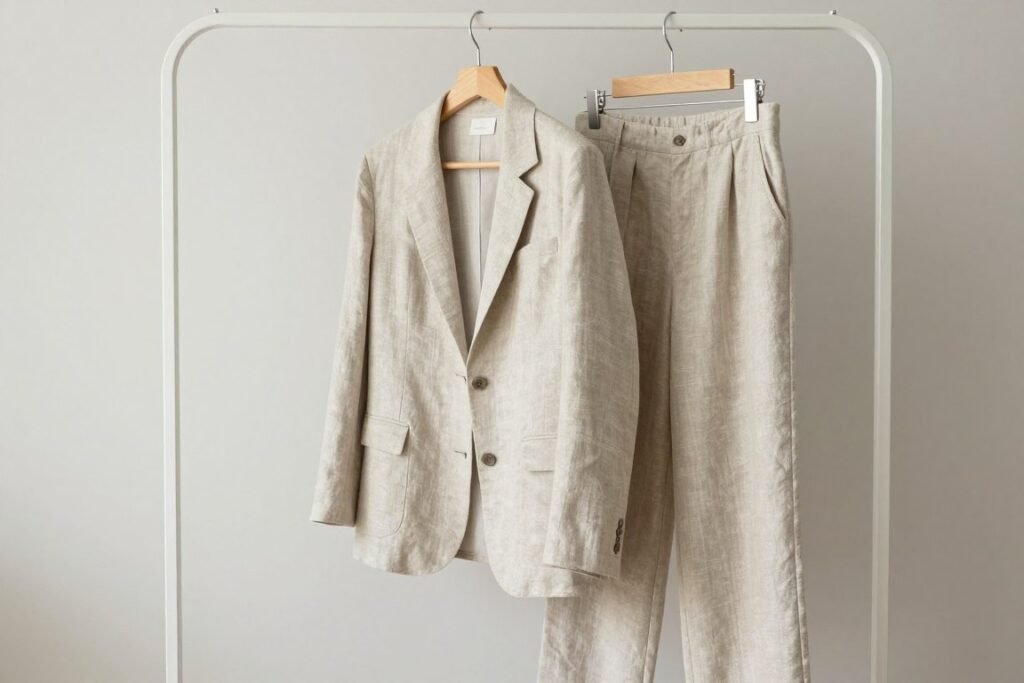 Light beige linen blend blazer and matching wide-leg trousers hanging on a minimalist clothing rack