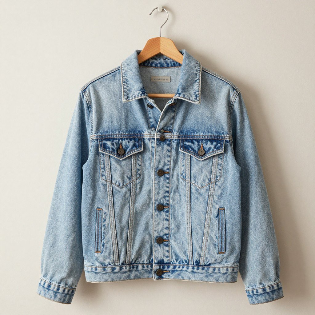 Light wash denim jacket hanging on wooden hanger