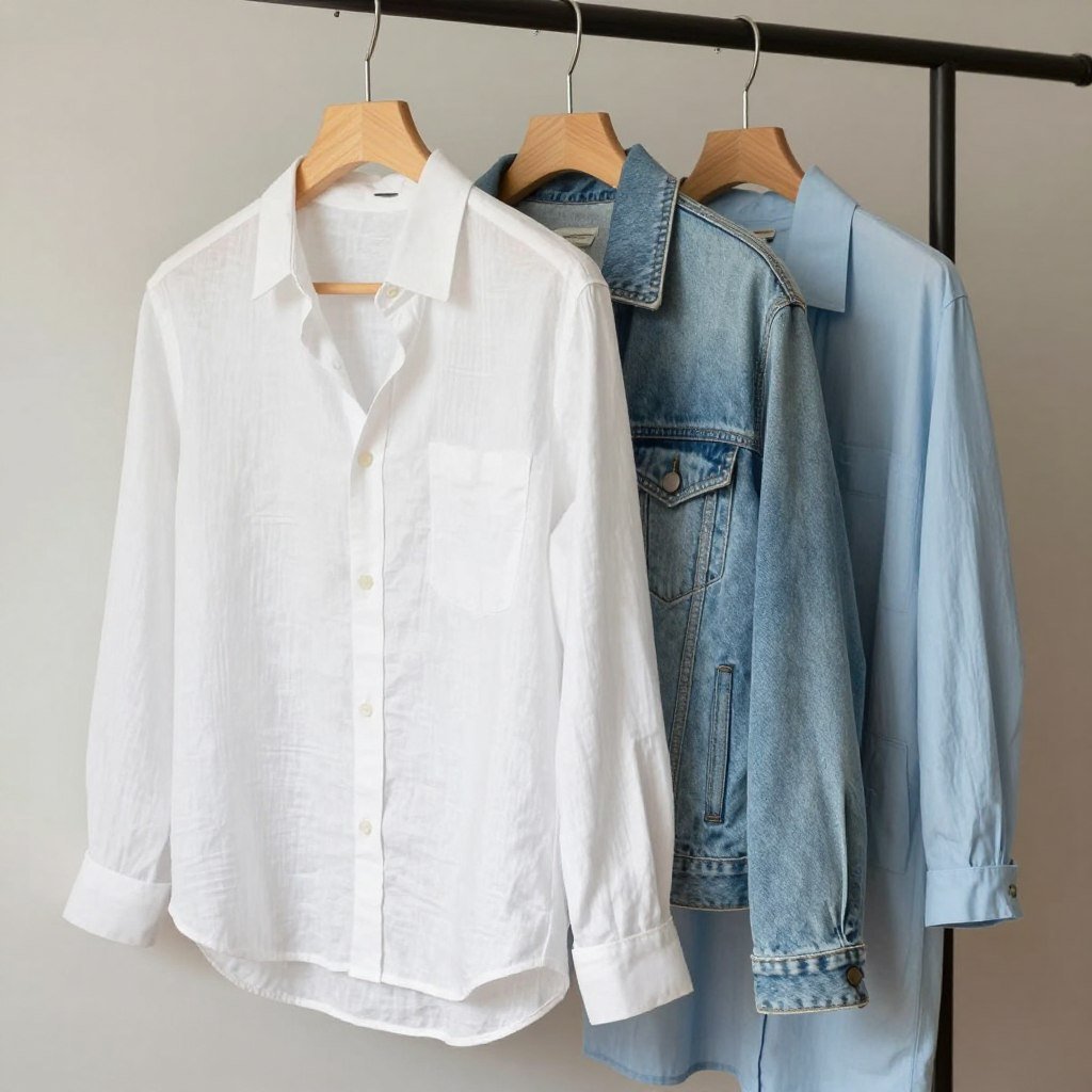 Lightweight summer layers including linen shirt and denim jacket