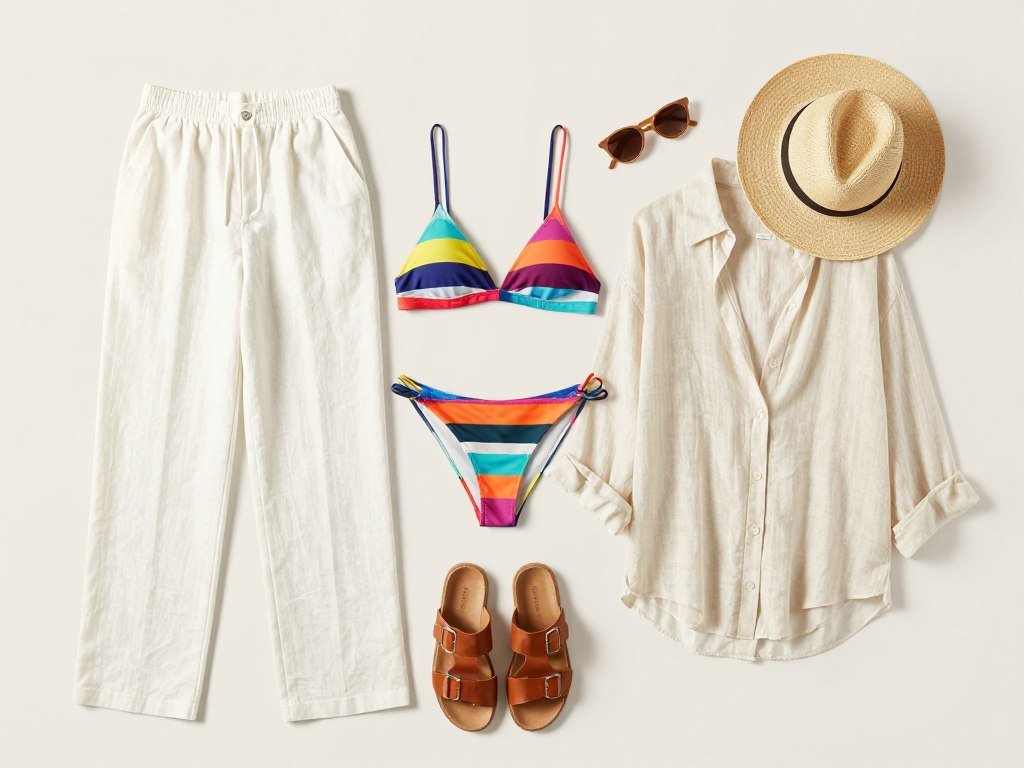 Linen pants styled as beach cover-up with swimwear and accessories