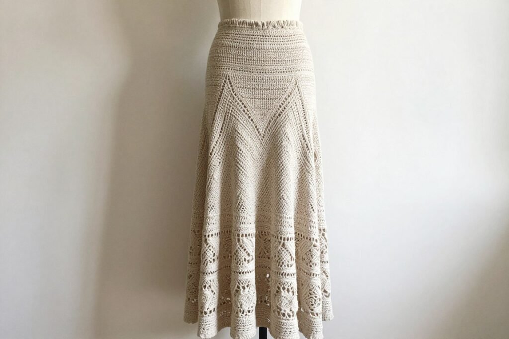 Long flowing crochet maxi skirt with bohemian pattern reaching to ankles