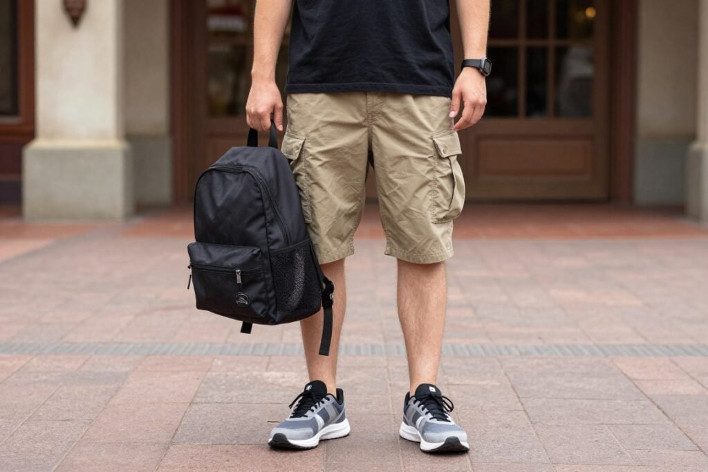 Man wearing a Star Wars t-shirt with cargo shorts and comfortable sneakers at Disney's Hollywood Studios
