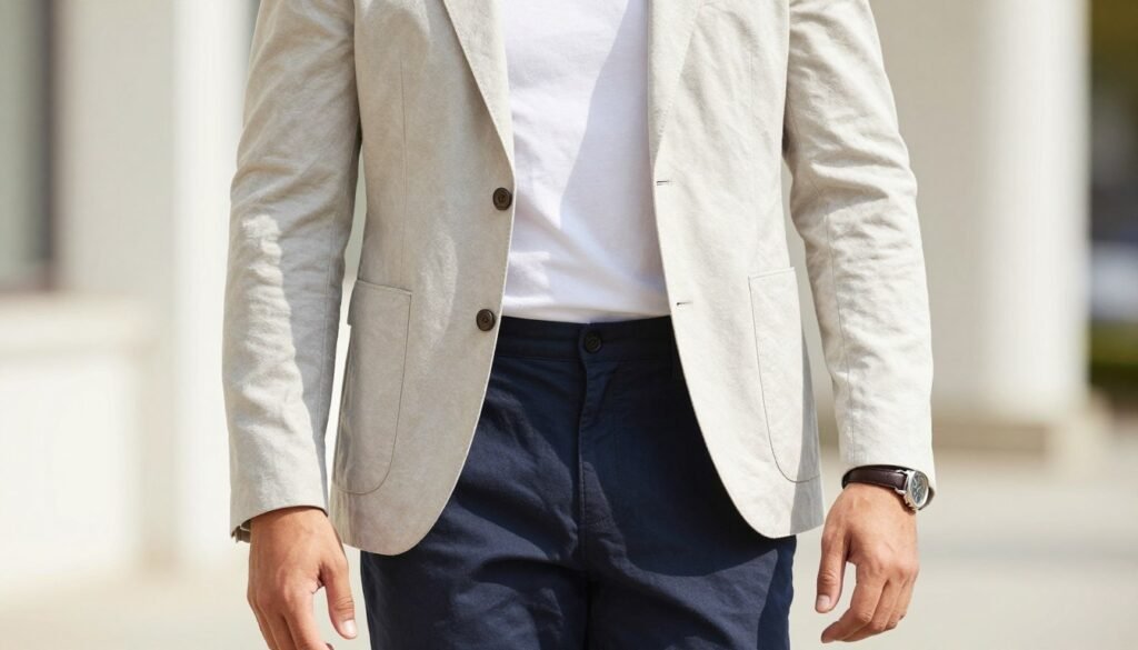 Man wearing a light blazer over a t-shirt with chinos for a smart-casual summer outfit