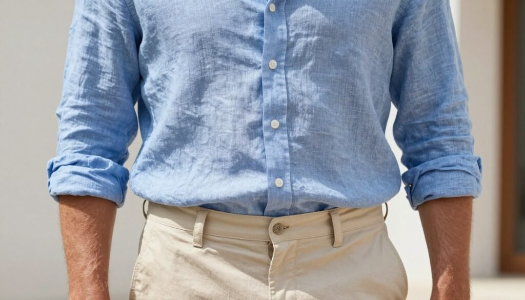 Man wearing a light blue linen shirt with rolled sleeves and beige chinos for a casual summer outfit