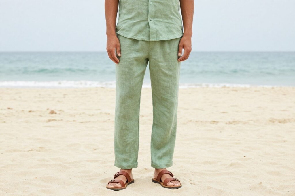 Man wearing a matching sage green linen shirt and pants set with sandals creating a coordinated beach resort outfit
