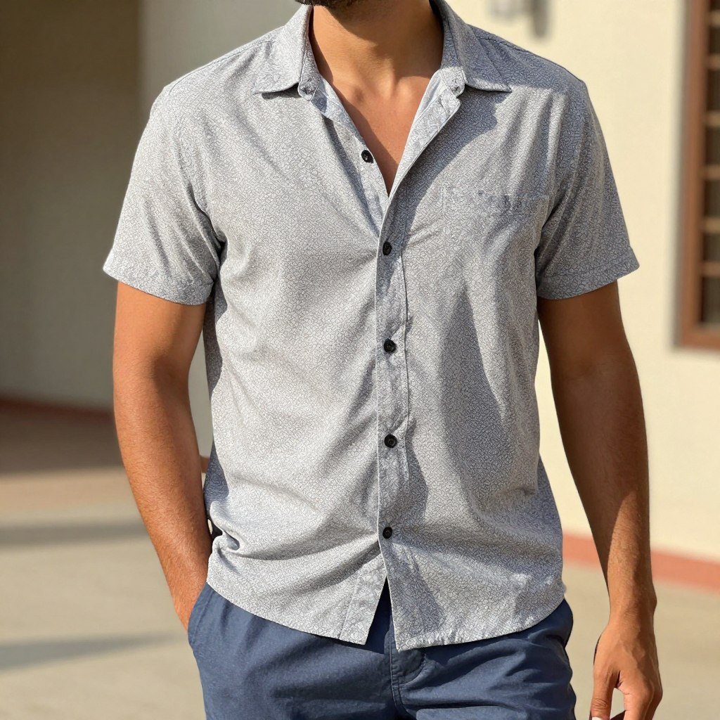 Man wearing a patterned camp collar shirt with solid shorts for a casual summer outfit