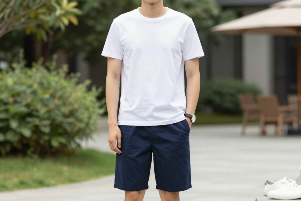 Man wearing a well-fitted white t-shirt with navy chino shorts for a casual summer outfit
