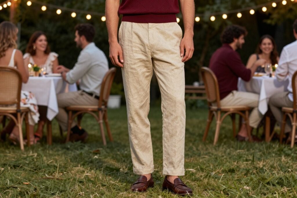 Man wearing beige linen pants with a burgundy knit polo and brown loafers at an outdoor dinner party setting