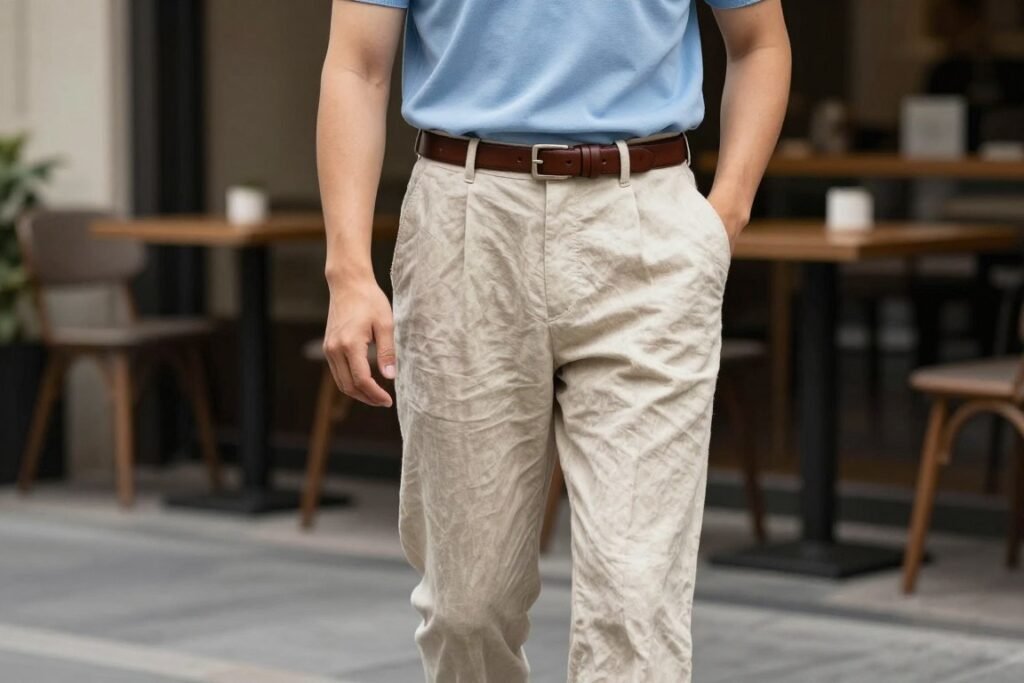 Man wearing beige linen pants with a light blue polo shirt and brown loafers creating a smart-casual linen pants outfit