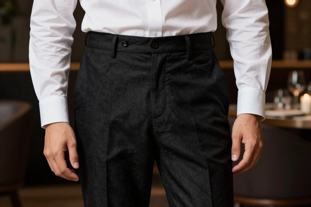 Man wearing black linen pants with a white dress shirt, black loafers and minimal accessories for an elegant evening outfit