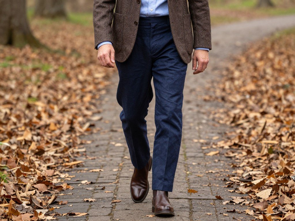 Man wearing navy linen pants with a tweed blazer and leather boots