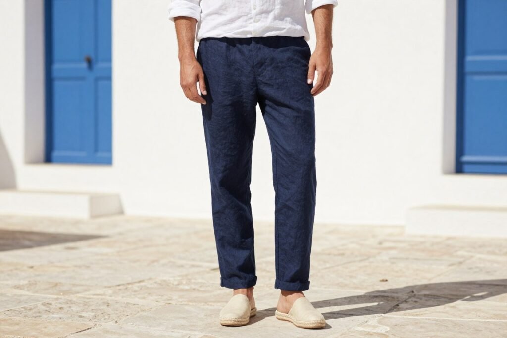 Man wearing navy linen pants with a white linen shirt and espadrilles for a complete linen outfit perfect for summer