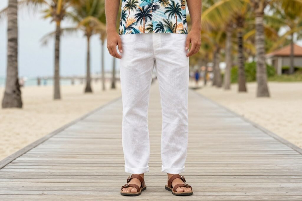 Man wearing white linen pants with a printed camp collar shirt and sandals walking along a beach boardwalk
