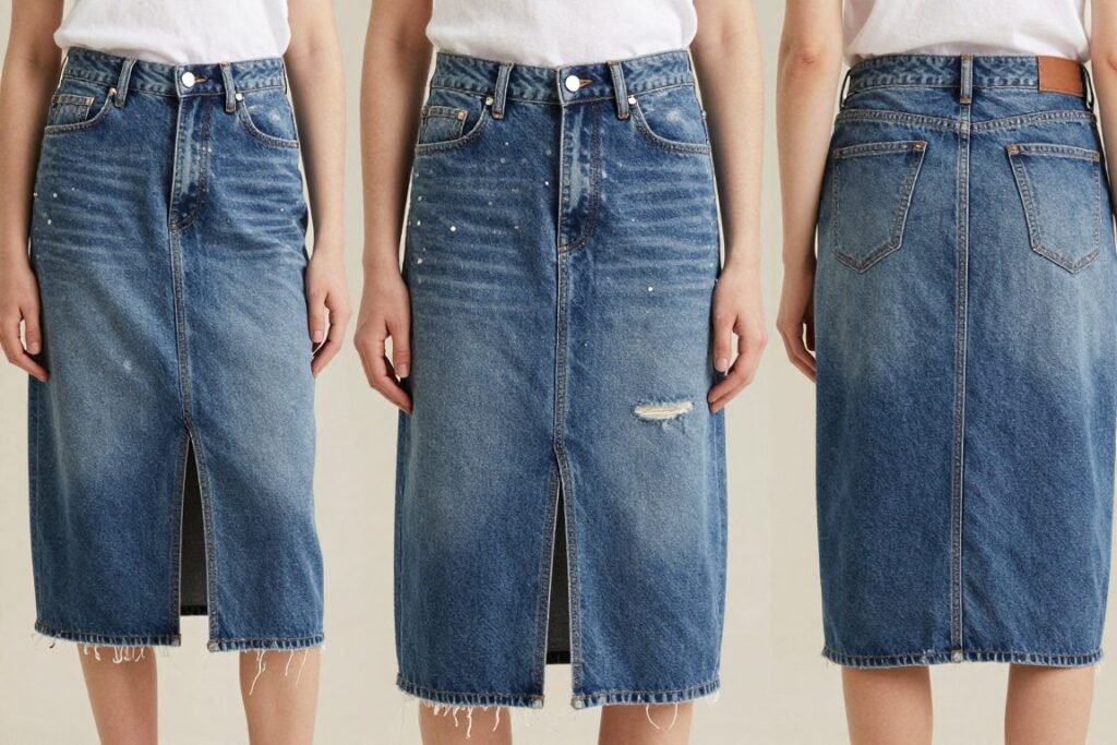 Midi jean skirts with different details and embellishments