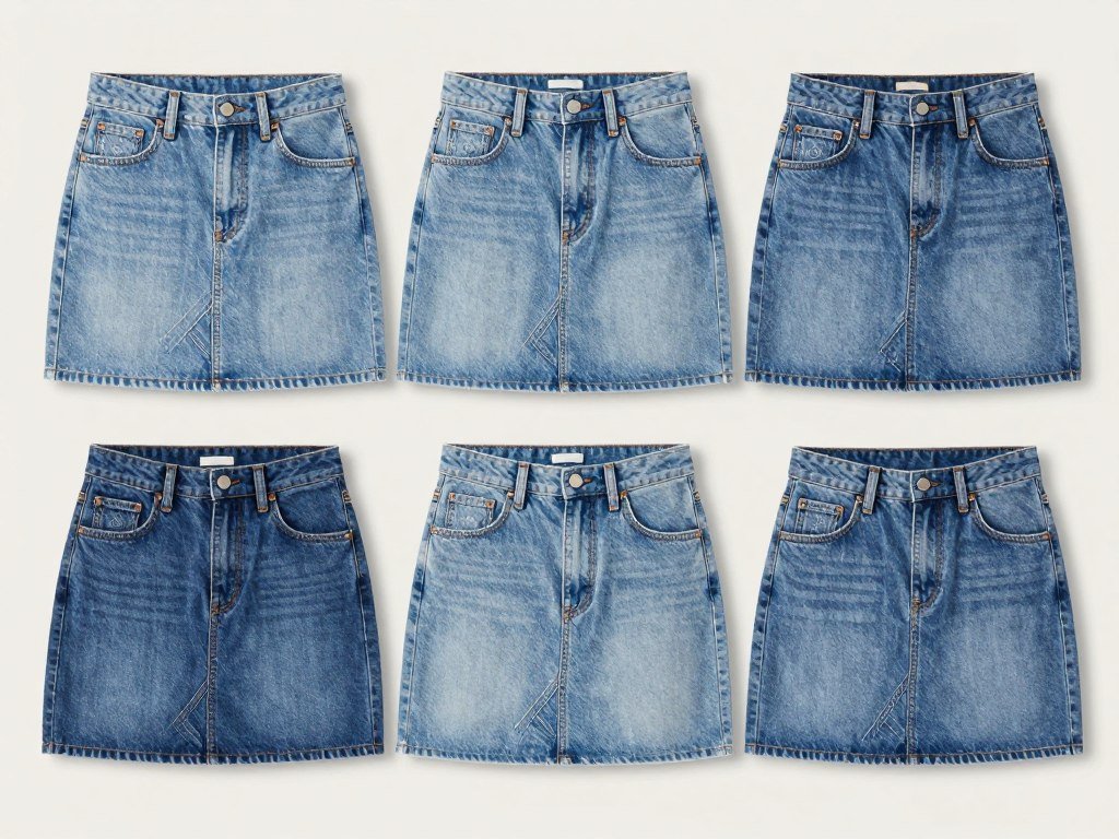 Mini denim skirts in different washes and styles displayed with care instructions