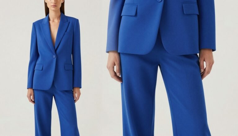 Model wearing electric blue monochromatic outfit for spring 2026 trends