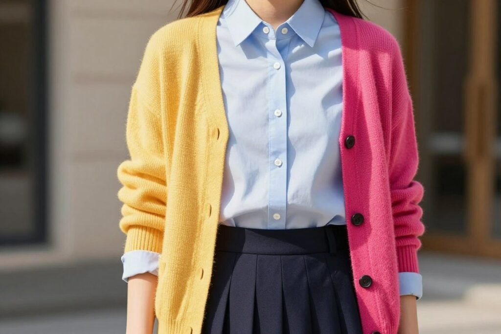 Modern prep outfit with unexpected color combinations for spring 2026