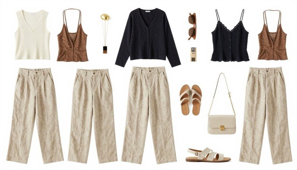 Multiple beige linen pants outfit combinations