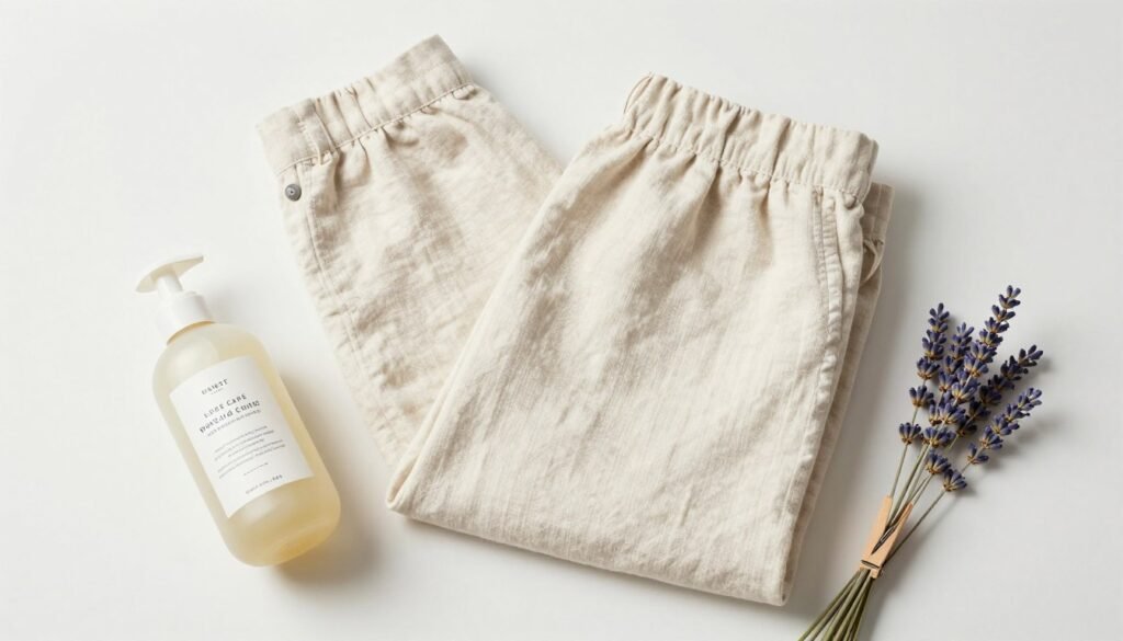 Neatly folded cream linen pants with care products