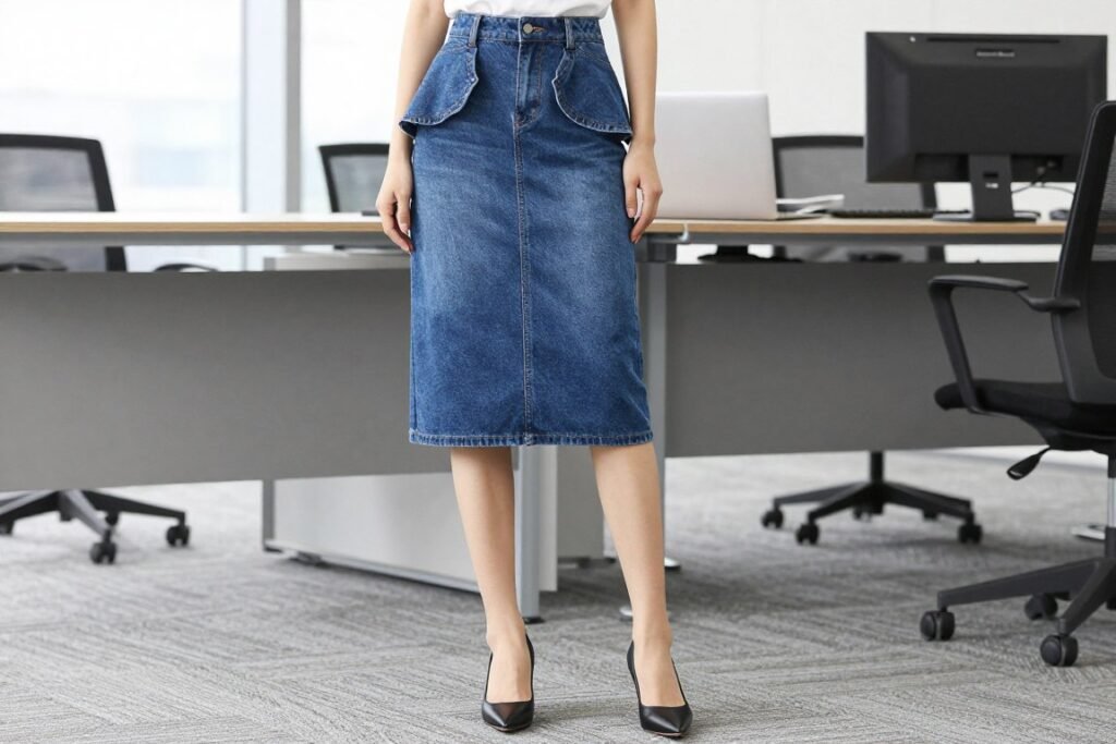Office-friendly midi jean skirt outfit with structured top and pumps